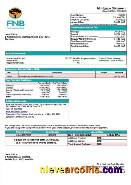 Namibia First National Bank Namibia Limited mortgage statement Word and PDF template
